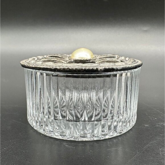 Vintage Trinket Dish Vanity Jewelry Jar Pewter Glass Faux Pearl Cabochon Cottage - Picture 6 of 10